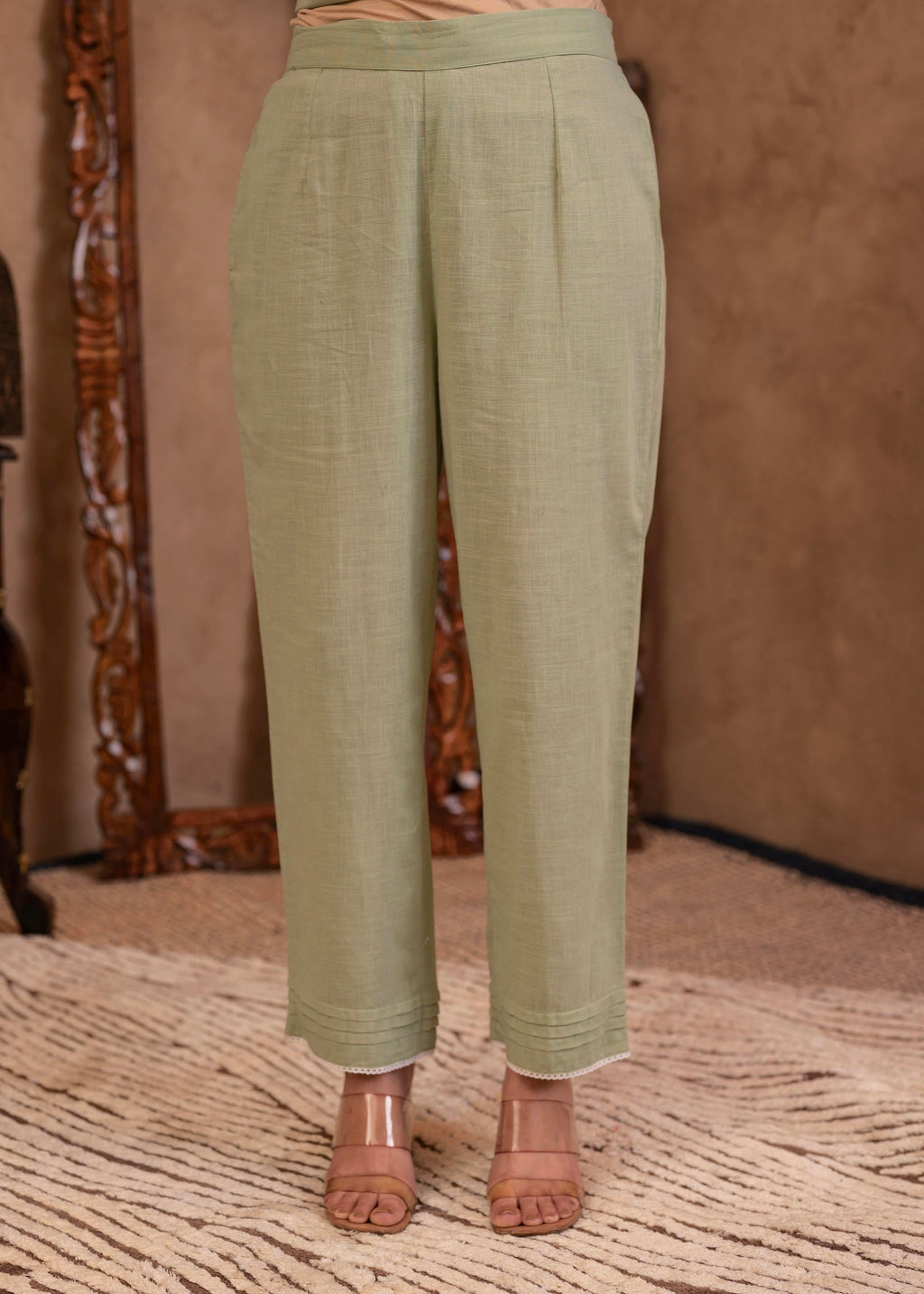 Juniper Mint Cotton Slub Floral Printed Kurta-Pant & Dupatta Set with Lace, Sequins & Bead Work | Grocsy