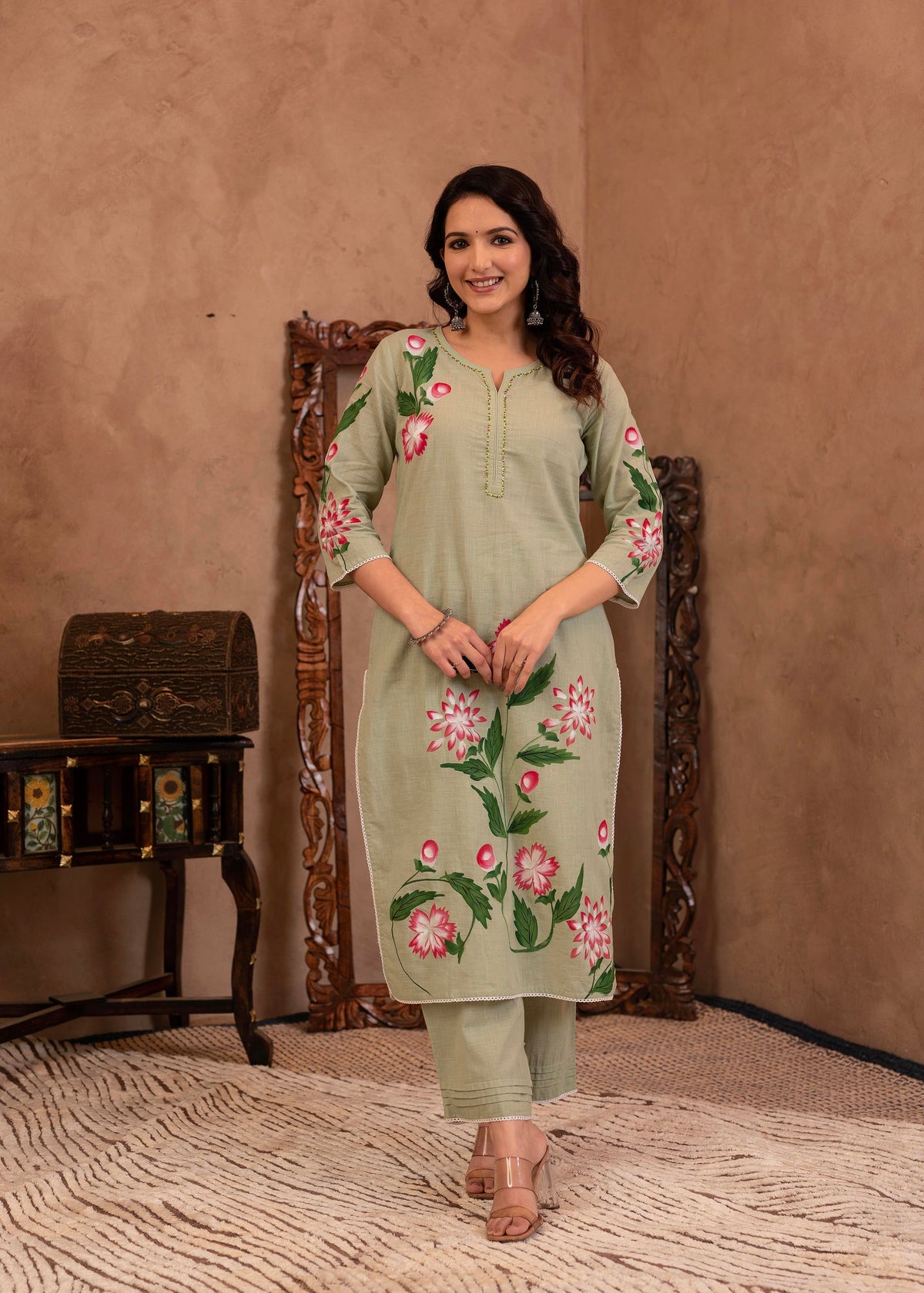 Juniper Mint Cotton Slub Floral Printed Kurta-Pant & Dupatta Set with Lace, Sequins & Bead Work | Grocsy