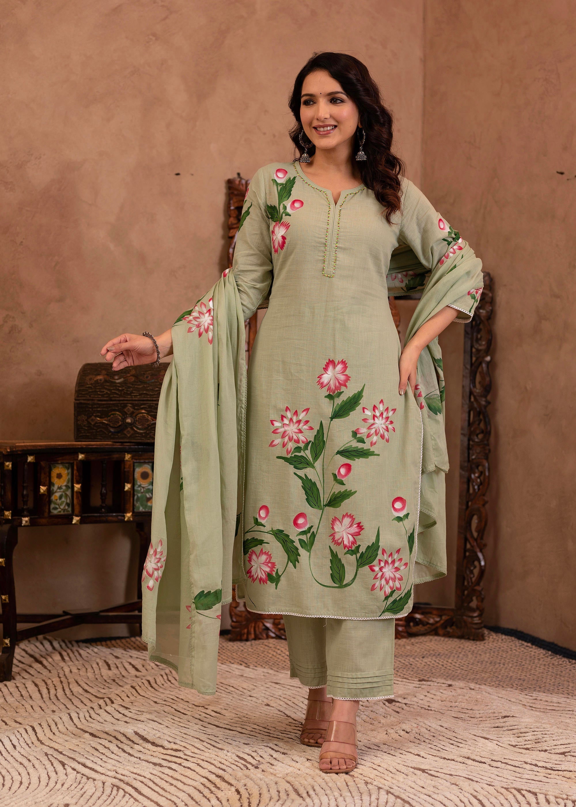 Juniper Mint Cotton Slub Floral Printed Kurta-Pant & Dupatta Set with Lace, Sequins & Bead Work | Grocsy