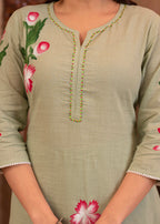 Juniper Mint Cotton Slub Floral Printed Kurta-Pant & Dupatta Set with Lace, Sequins & Bead Work | Grocsy