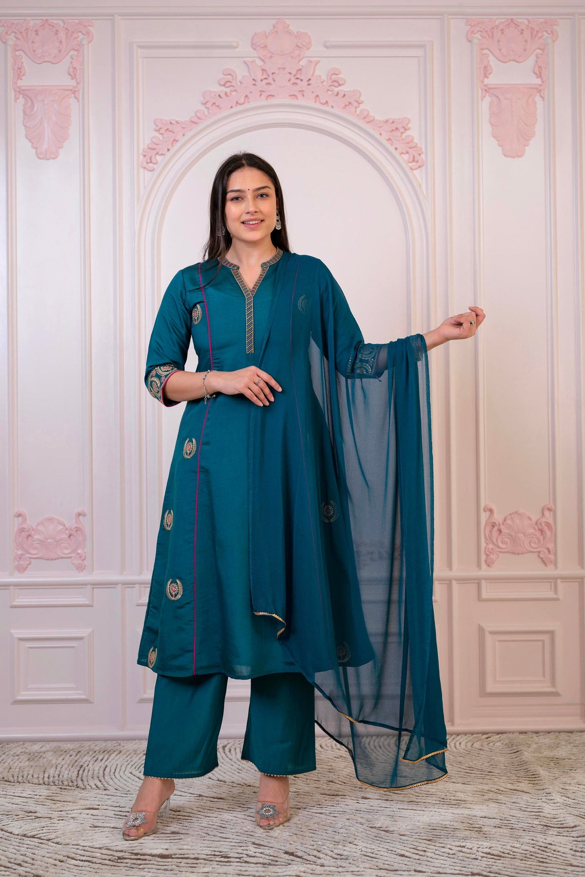 Juniper Teal Festive Kurta Set With Pant & Chiffon Dupatta – Sequin & Zari Detailing | Grocsy