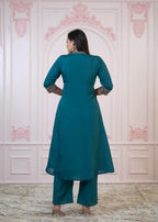 Juniper Teal Festive Kurta Set with Pant & Chiffon Dupatta – Sequin & Zari Detailing | Grocsy