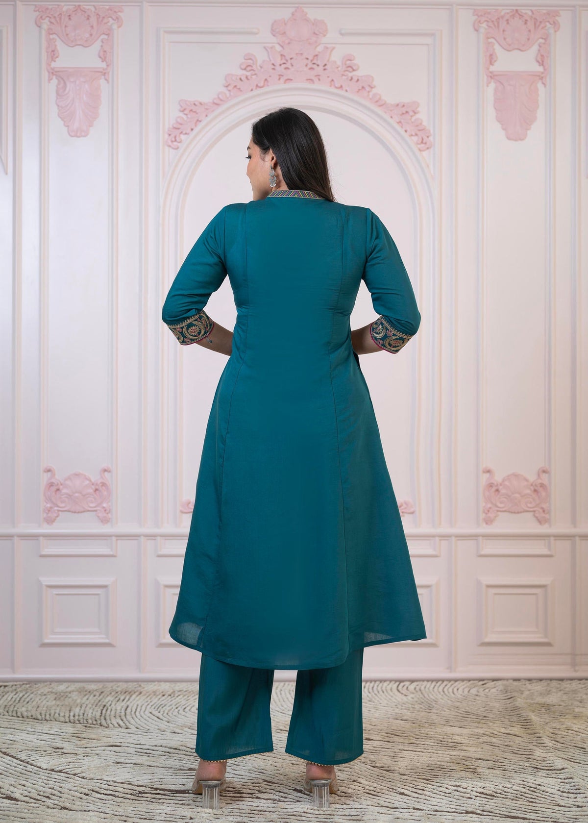 Juniper Teal Festive Kurta Set with Pant & Chiffon Dupatta – Sequin & Zari Detailing | Grocsy