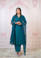 Juniper Teal Festive Kurta Set with Pant & Chiffon Dupatta – Sequin & Zari Detailing | Grocsy