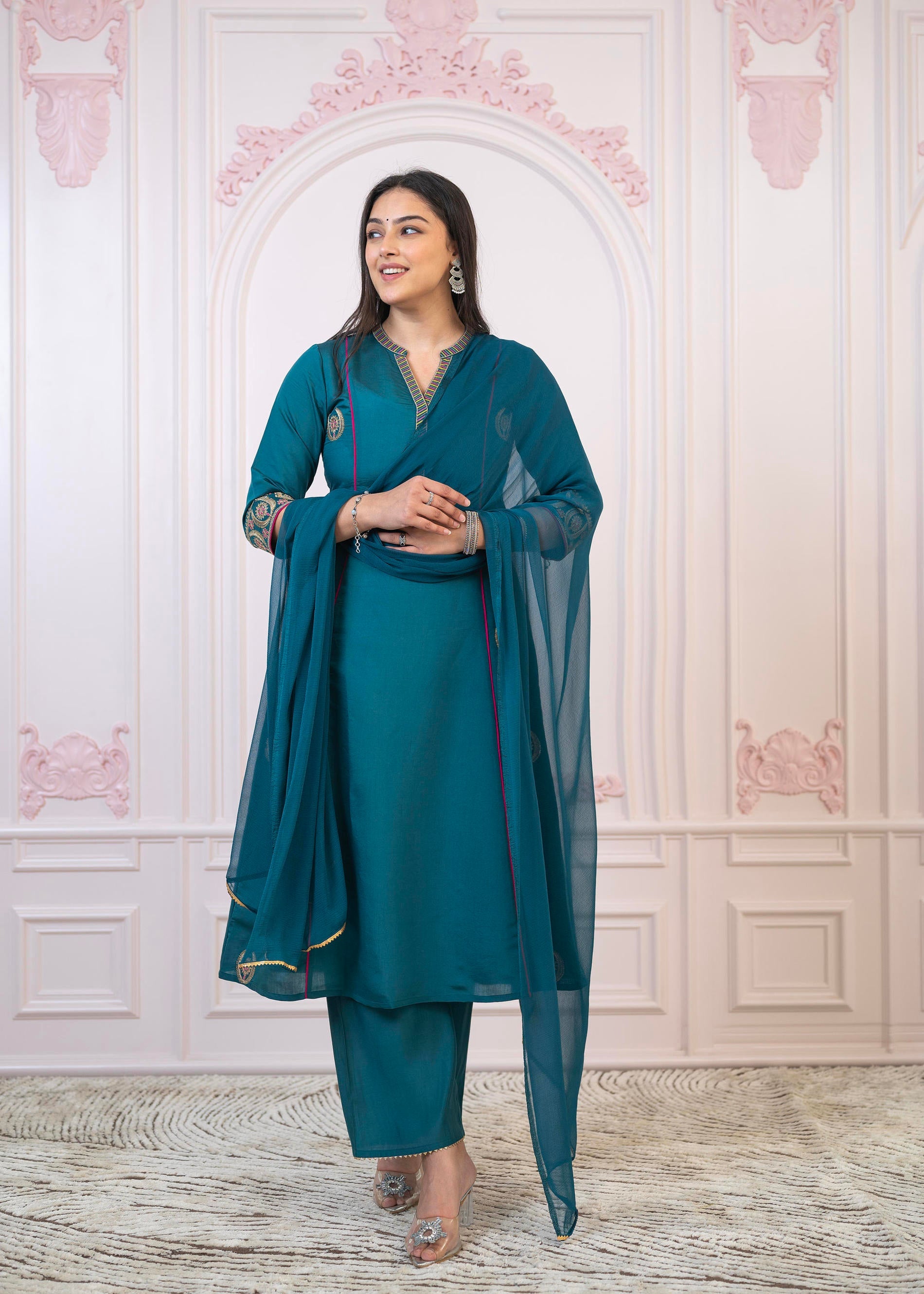 Juniper Teal Festive Kurta Set with Pant & Chiffon Dupatta – Sequin & Zari Detailing | Grocsy