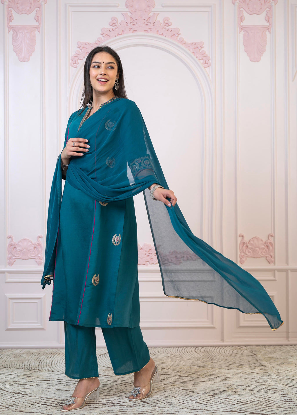 Juniper Teal Festive Kurta Set with Pant & Chiffon Dupatta – Sequin & Zari Detailing | Grocsy