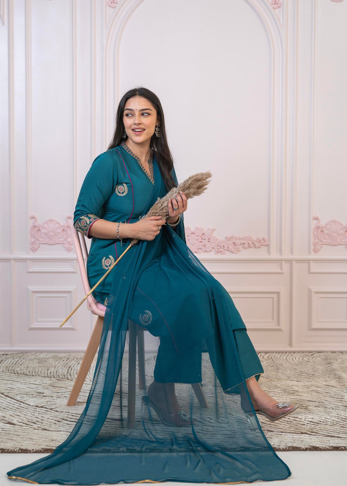 Juniper Teal Festive Kurta Set with Pant & Chiffon Dupatta – Sequin & Zari Detailing | Grocsy