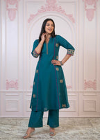 Juniper Teal Festive Kurta Set with Pant & Chiffon Dupatta – Sequin & Zari Detailing | Grocsy