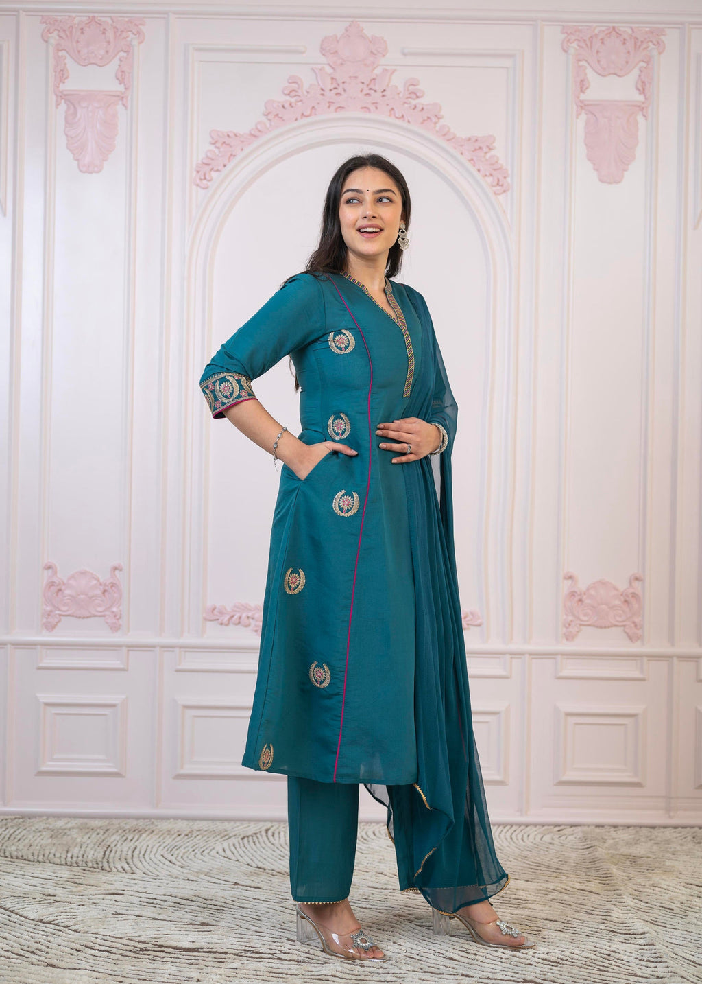 Juniper Teal Festive Kurta Set with Pant & Chiffon Dupatta – Sequin & Zari Detailing | Grocsy