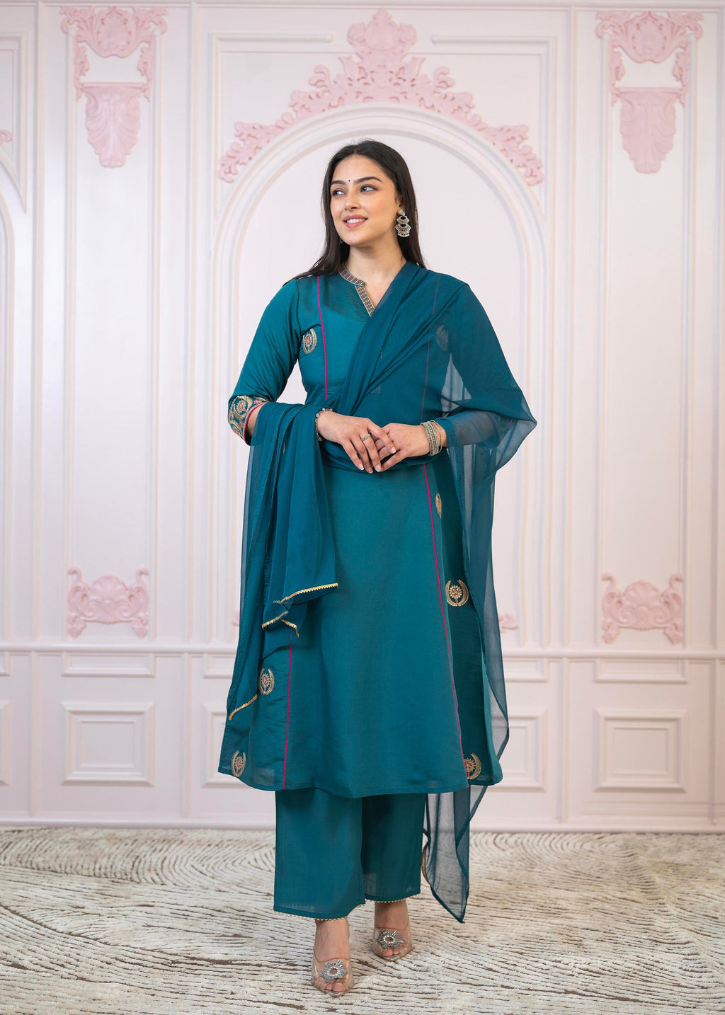 Juniper Teal Festive Kurta Set with Pant & Chiffon Dupatta – Sequin & Zari Detailing | Grocsy
