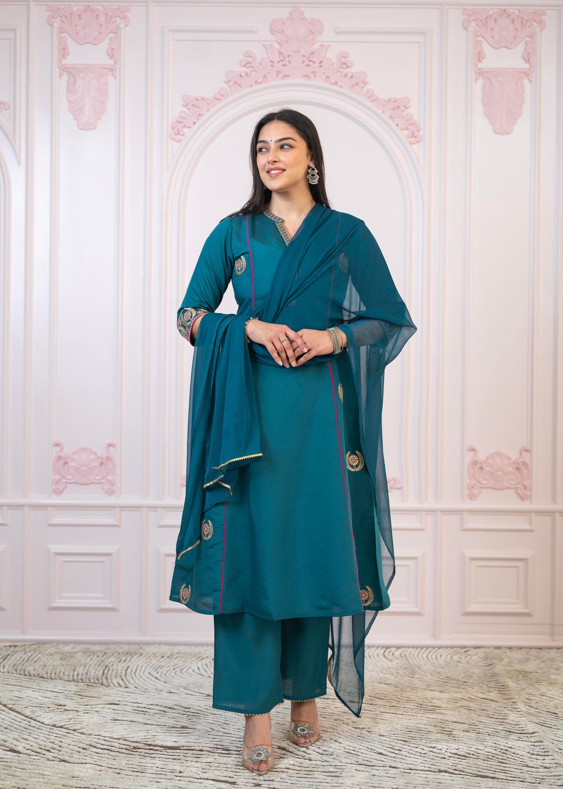 Juniper Teal Festive Kurta Set with Pant & Chiffon Dupatta – Sequin & Zari Detailing | Grocsy