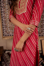 Juniper Maroon Bandhej Print Kurta Set with Embroidered Yoke and Net Dupatta | Grocsy