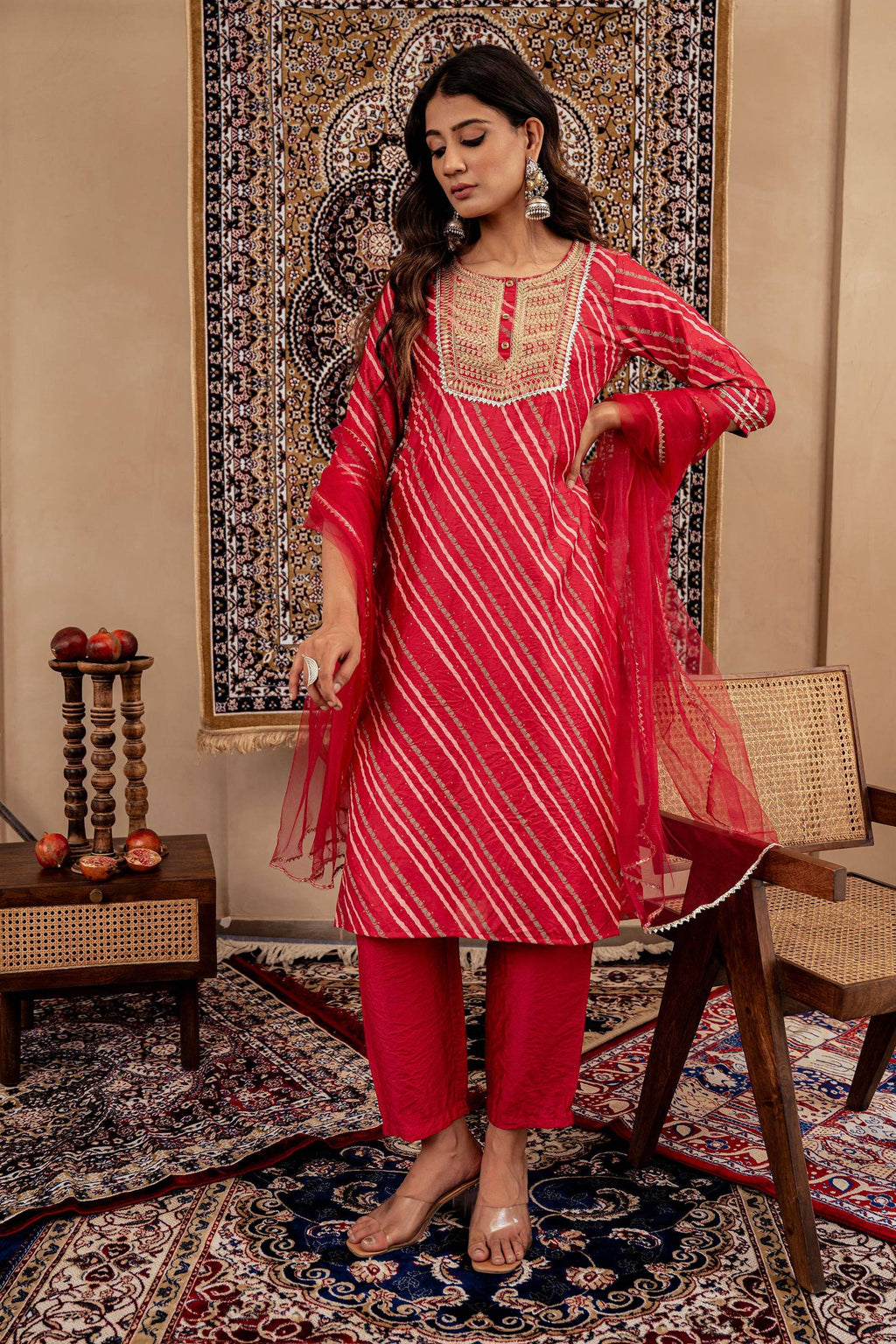 Juniper Maroon Bandhej Print Kurta Set with Embroidered Yoke and Net Dupatta | Grocsy