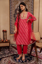 Juniper Maroon Bandhej Print Kurta Set with Embroidered Yoke and Net Dupatta | Grocsy