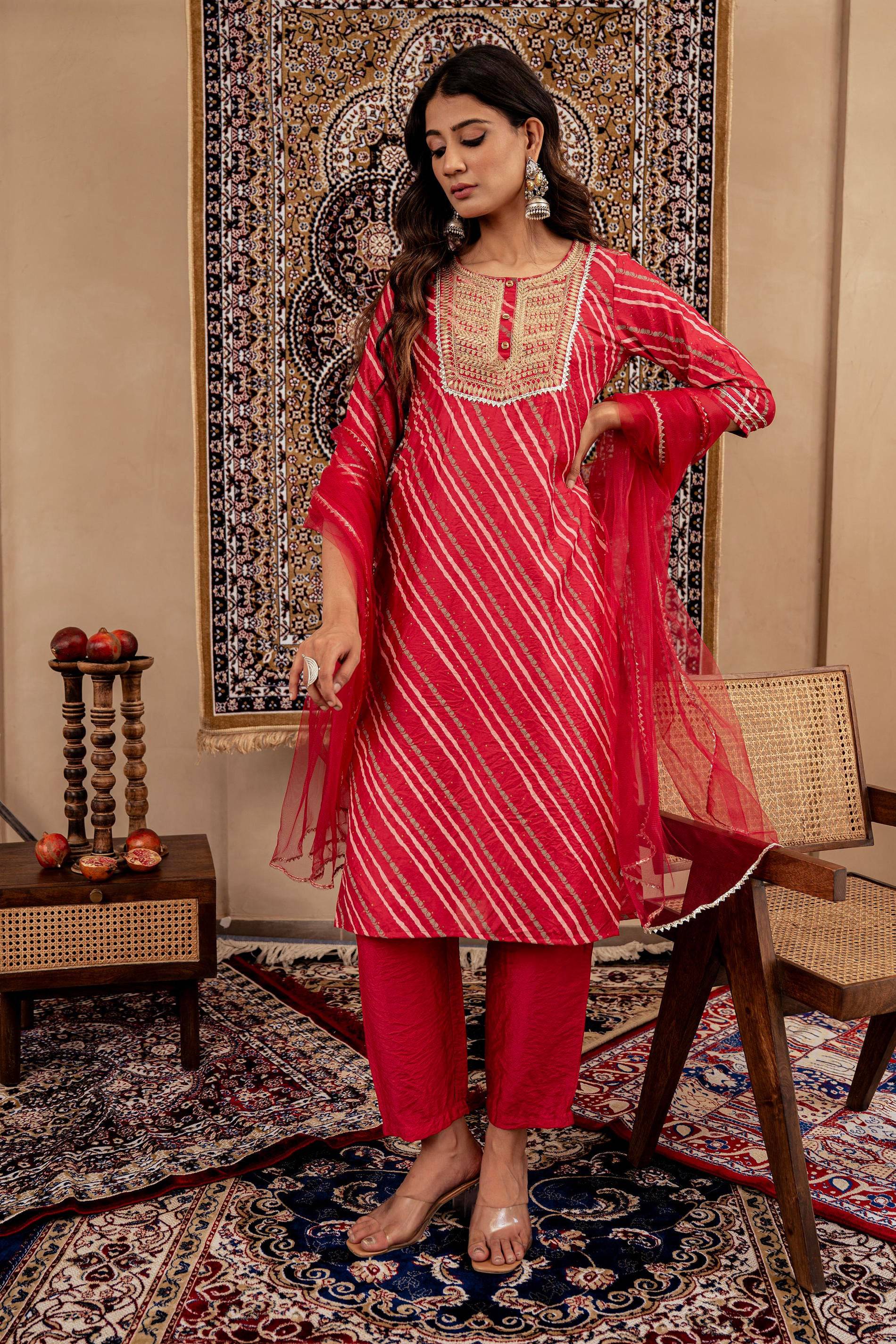 Juniper Maroon Bandhej Print Kurta Set with Embroidered Yoke and Net Dupatta | Grocsy