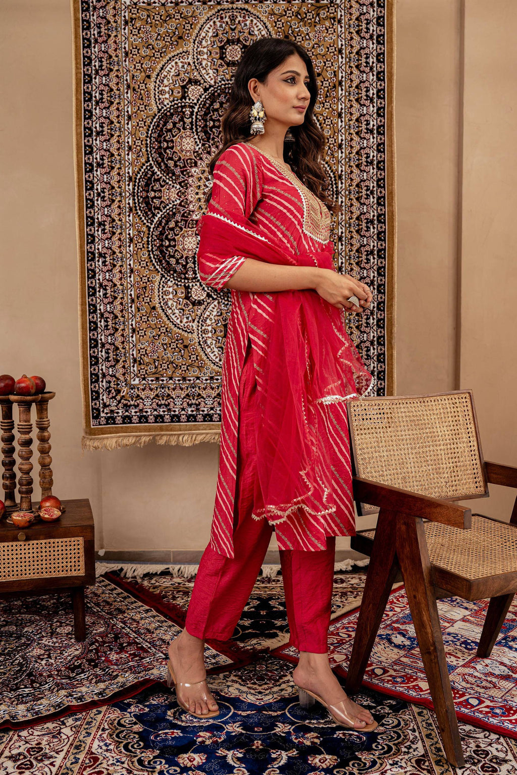 Juniper Maroon Bandhej Print Kurta Set with Embroidered Yoke and Net Dupatta | Grocsy