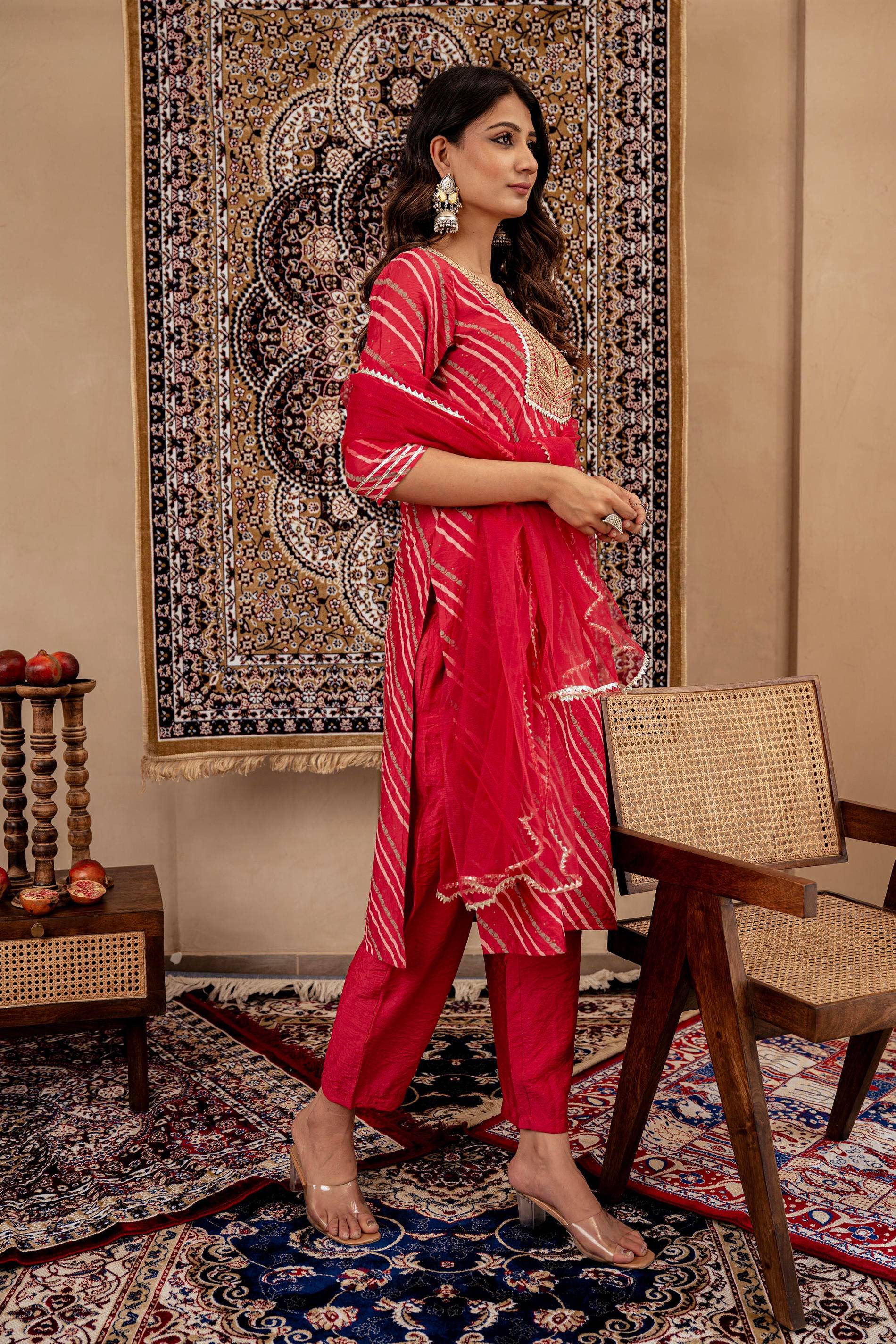 Juniper Maroon Bandhej Print Kurta Set with Embroidered Yoke and Net Dupatta | Grocsy