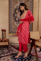 Juniper Maroon Bandhej Print Kurta Set with Embroidered Yoke and Net Dupatta | Grocsy