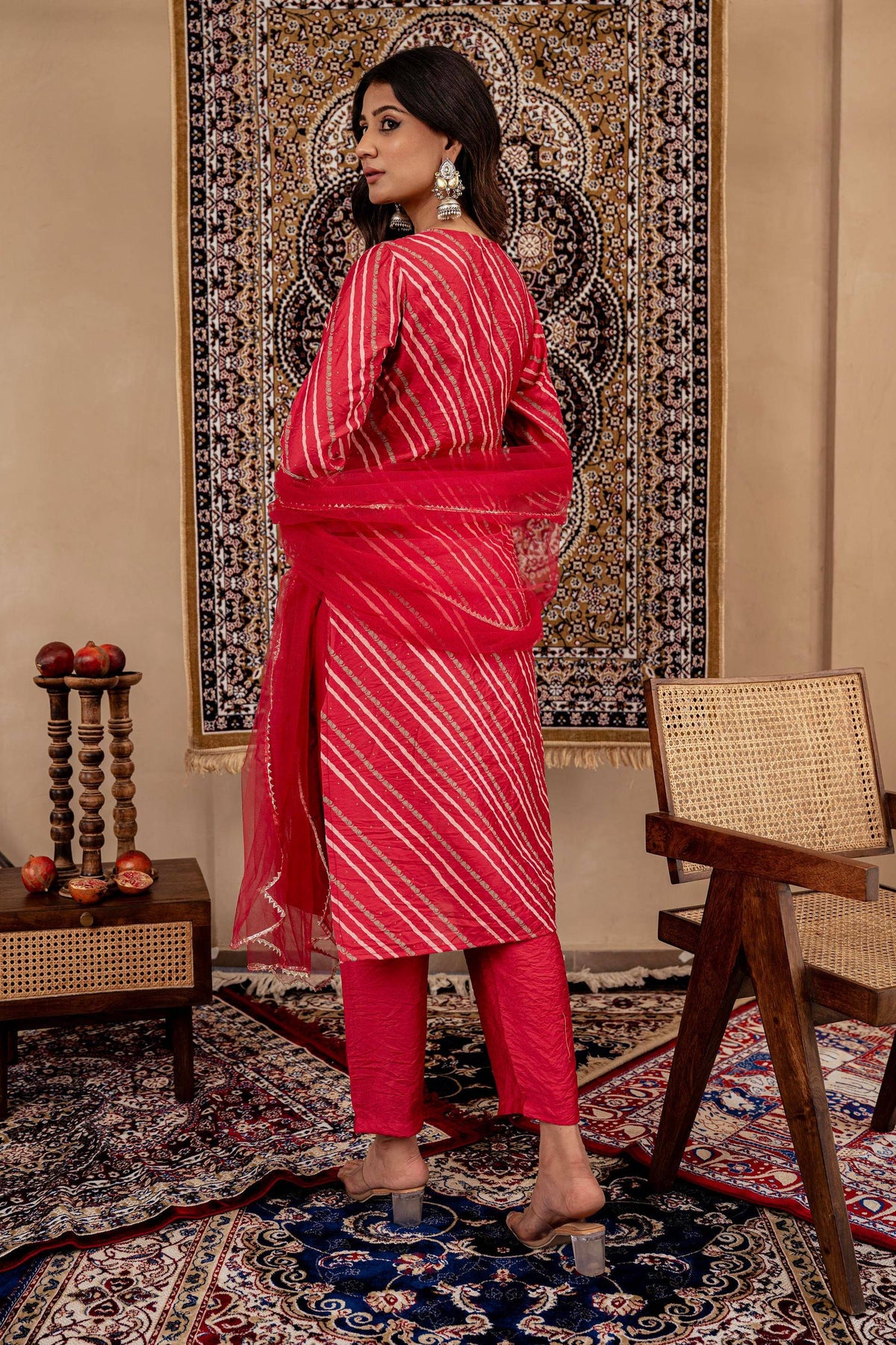 Juniper Maroon Bandhej Print Kurta Set with Embroidered Yoke and Net Dupatta | Grocsy