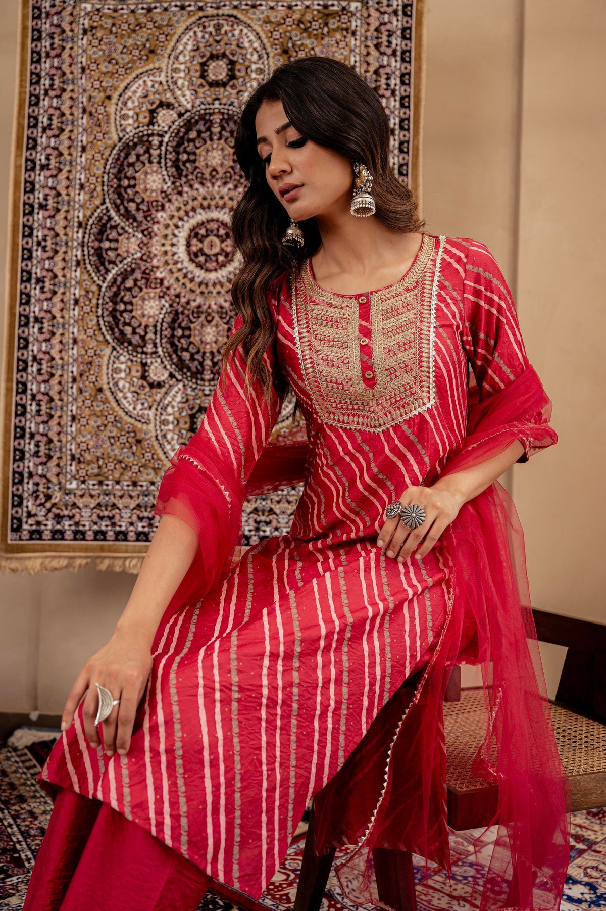 Juniper Maroon Bandhej Print Kurta Set with Embroidered Yoke and Net Dupatta | Grocsy
