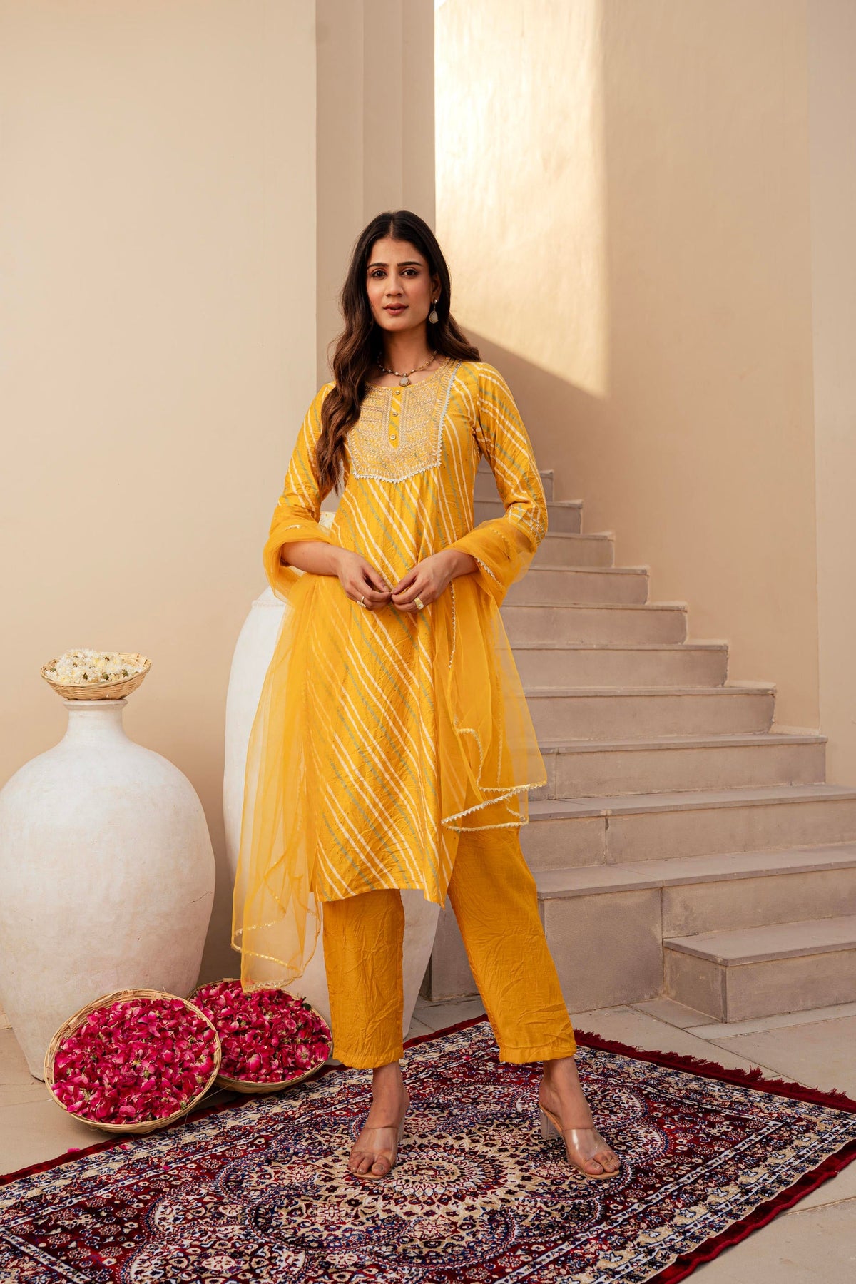 Juniper Yellow Bandhej Print Kurta Set with Embroidered Yoke and Net Dupatta | Grocsy