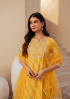 Juniper Yellow Bandhej Print Kurta Set with Embroidered Yoke and Net Dupatta | Grocsy