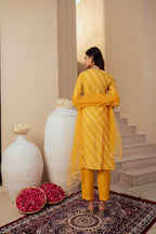 Juniper Yellow Bandhej Print Kurta Set with Embroidered Yoke and Net Dupatta | Grocsy