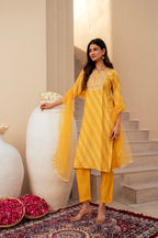 Juniper Yellow Bandhej Print Kurta Set with Embroidered Yoke and Net Dupatta | Grocsy