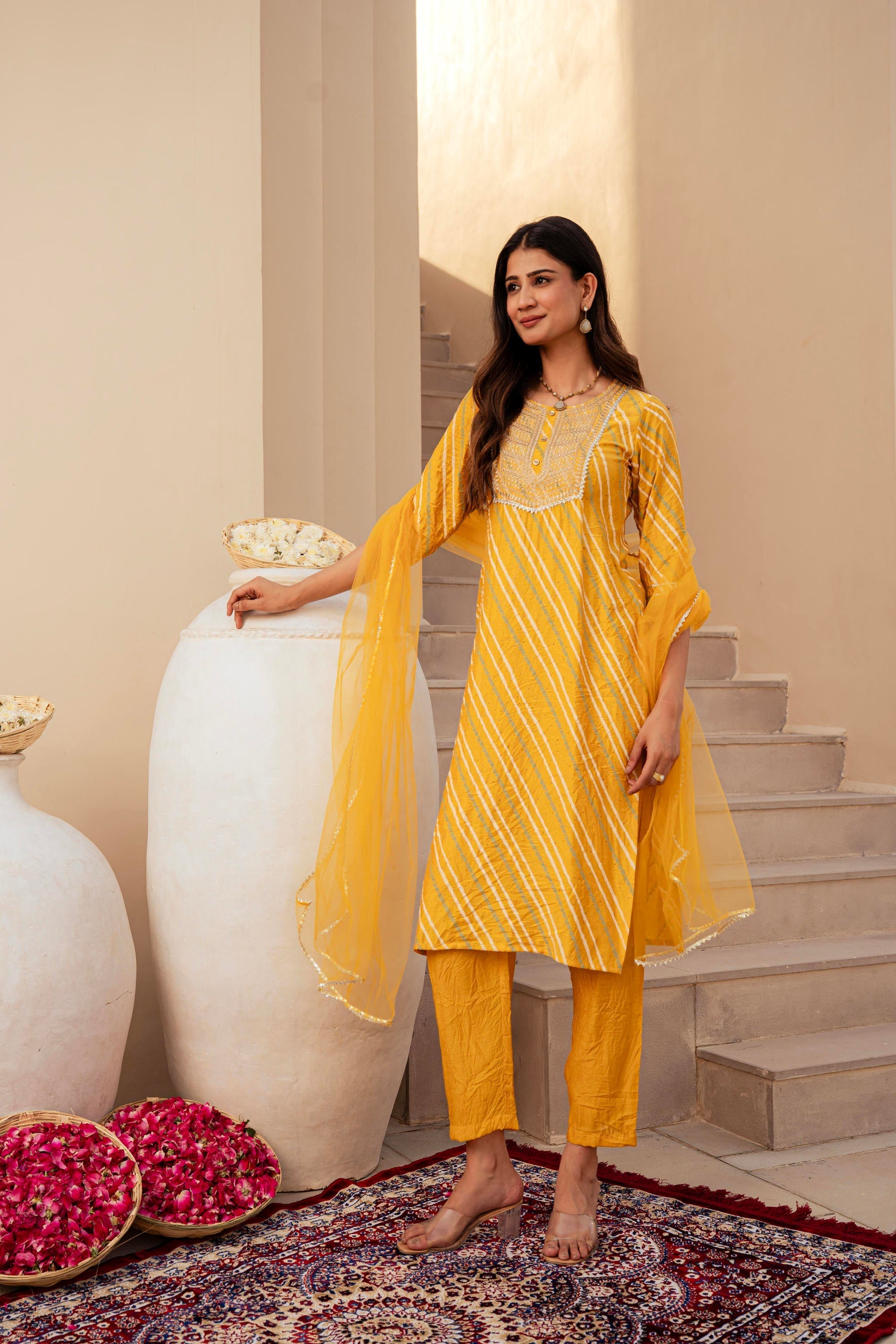 Juniper Yellow Bandhej Print Kurta Set with Embroidered Yoke and Net Dupatta | Grocsy