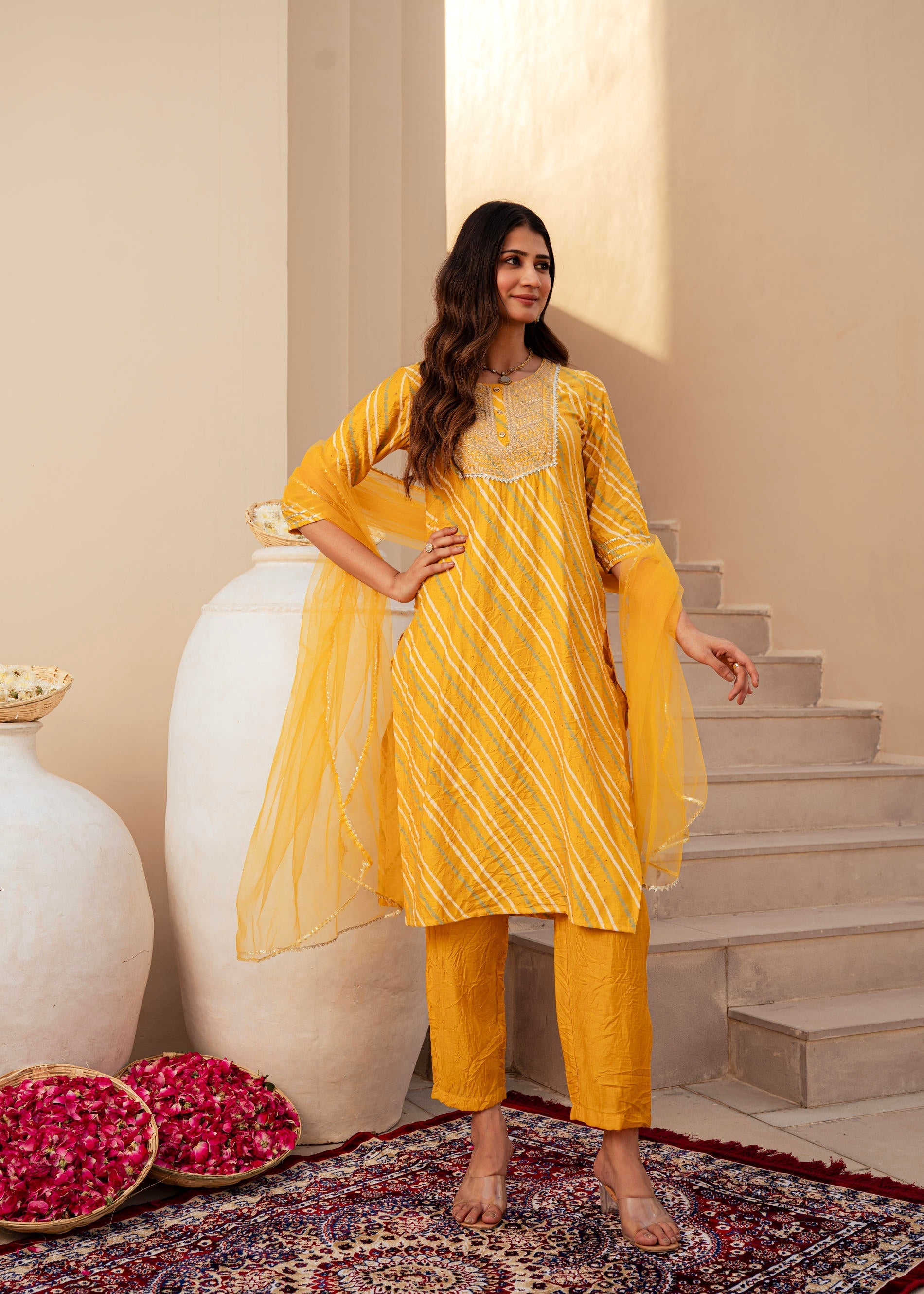 Juniper Yellow Bandhej Print Kurta Set with Embroidered Yoke and Net Dupatta | Grocsy