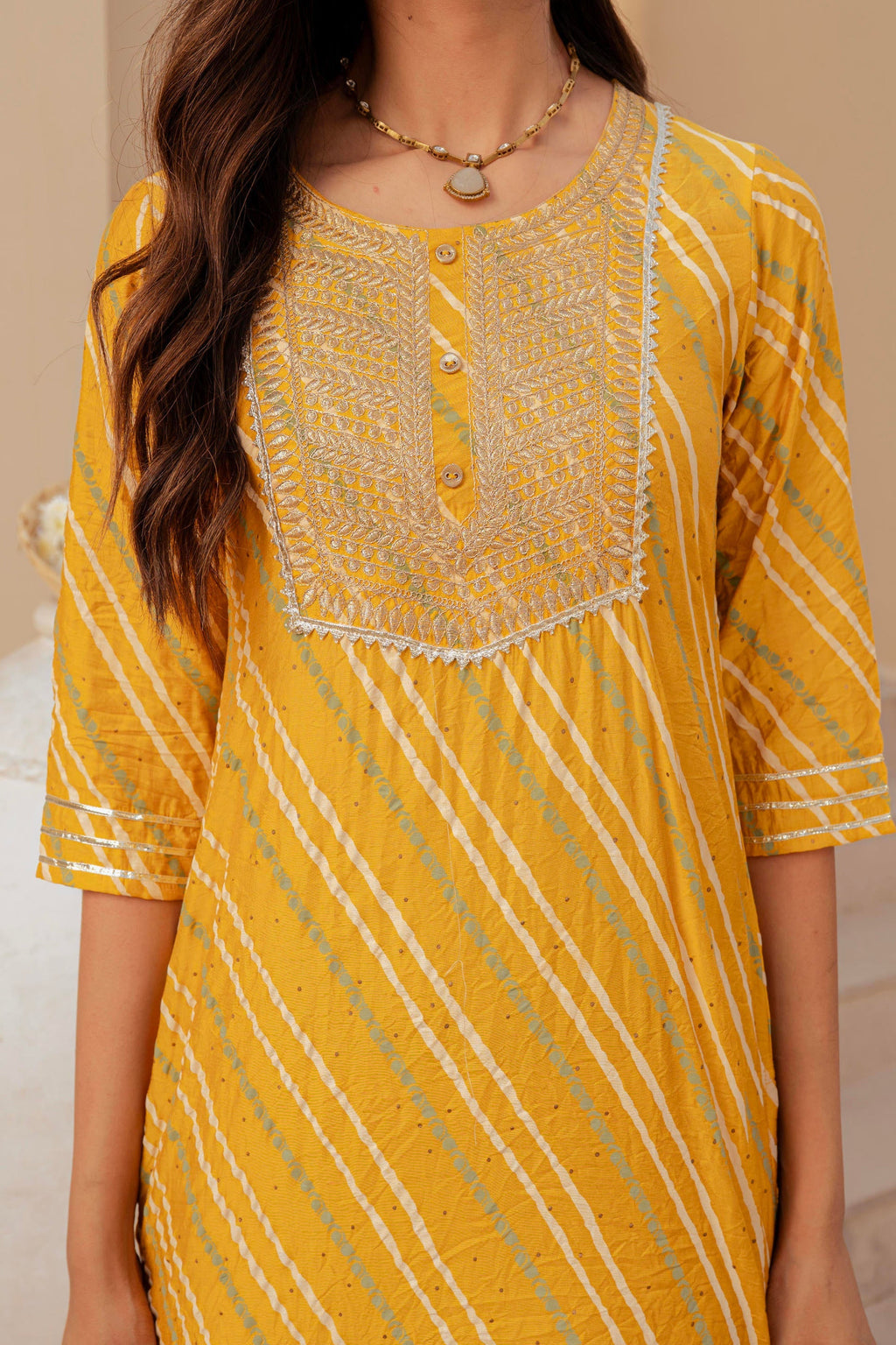 Juniper Yellow Bandhej Print Kurta Set with Embroidered Yoke and Net Dupatta | Grocsy