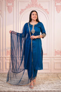 Juniper Royal Blue Embellished Kurta Set with Net Dupatta and Mirror Embroidery | Grocsy