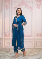 Juniper Royal Blue Embellished Kurta Set with Net Dupatta and Mirror Embroidery | Grocsy