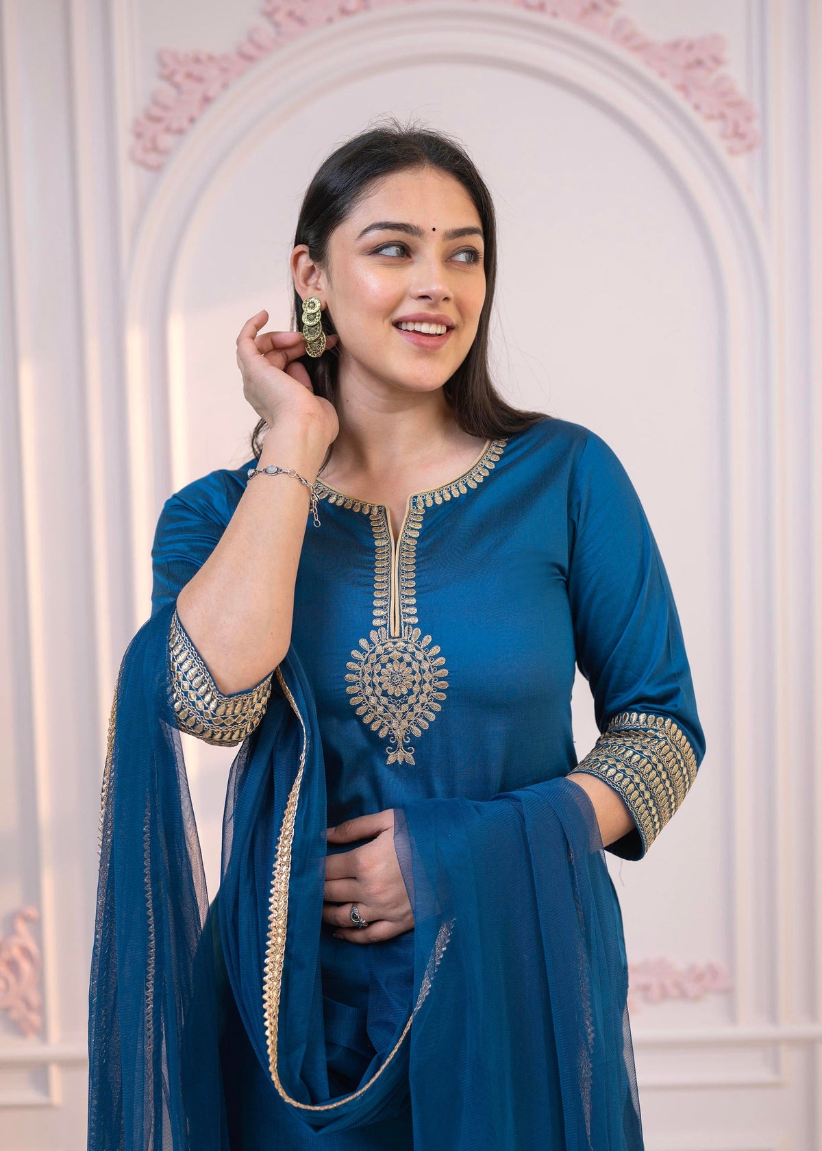 Juniper Royal Blue Embellished Kurta Set with Net Dupatta and Mirror Embroidery | Grocsy