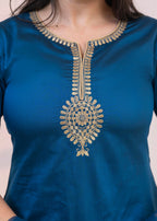 Juniper Royal Blue Embellished Kurta Set with Net Dupatta and Mirror Embroidery | Grocsy
