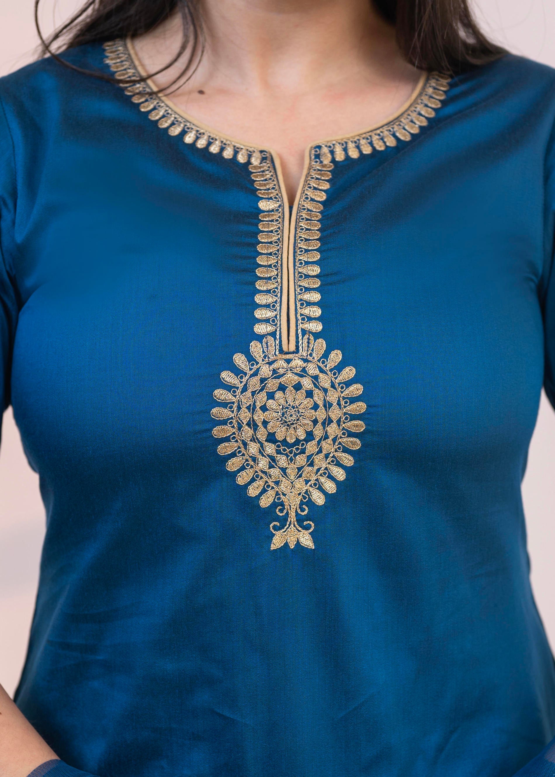 Juniper Royal Blue Embellished Kurta Set with Net Dupatta and Mirror Embroidery | Grocsy