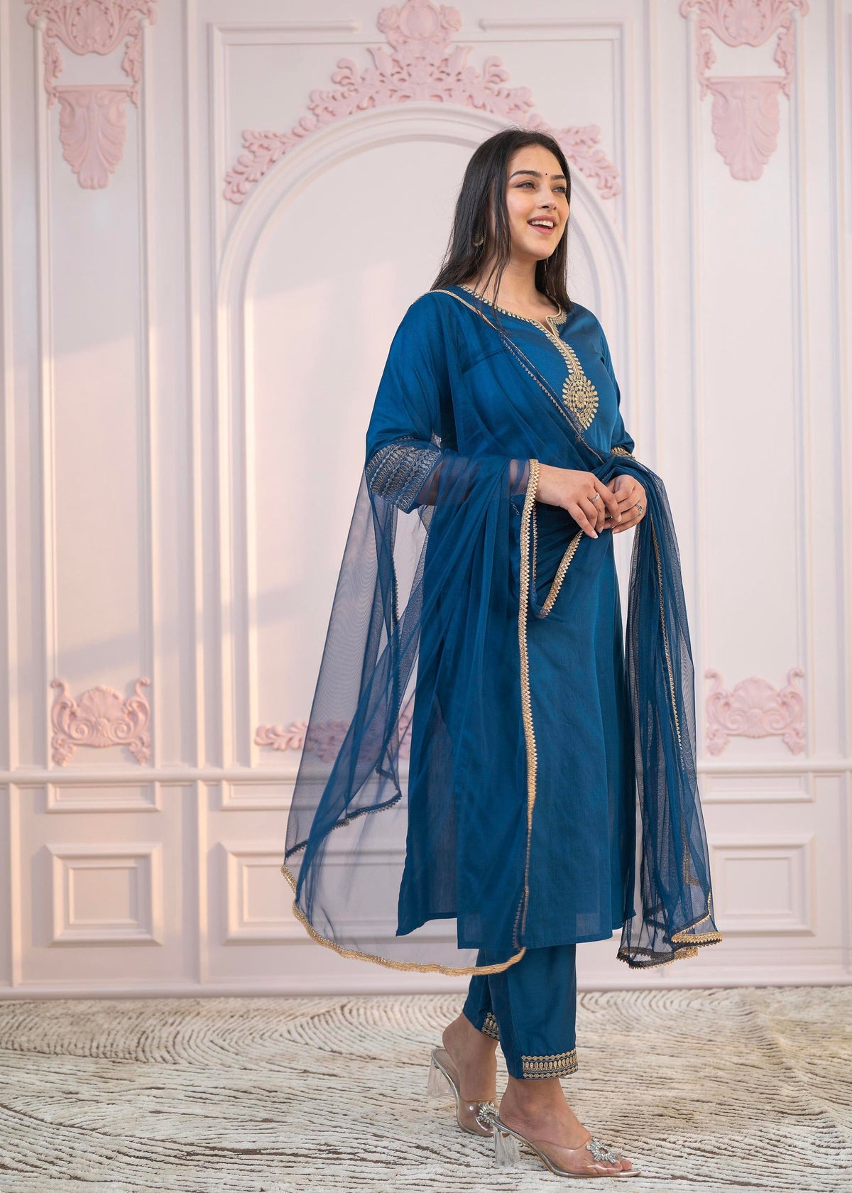 Juniper Royal Blue Embellished Kurta Set with Net Dupatta and Mirror Embroidery | Grocsy