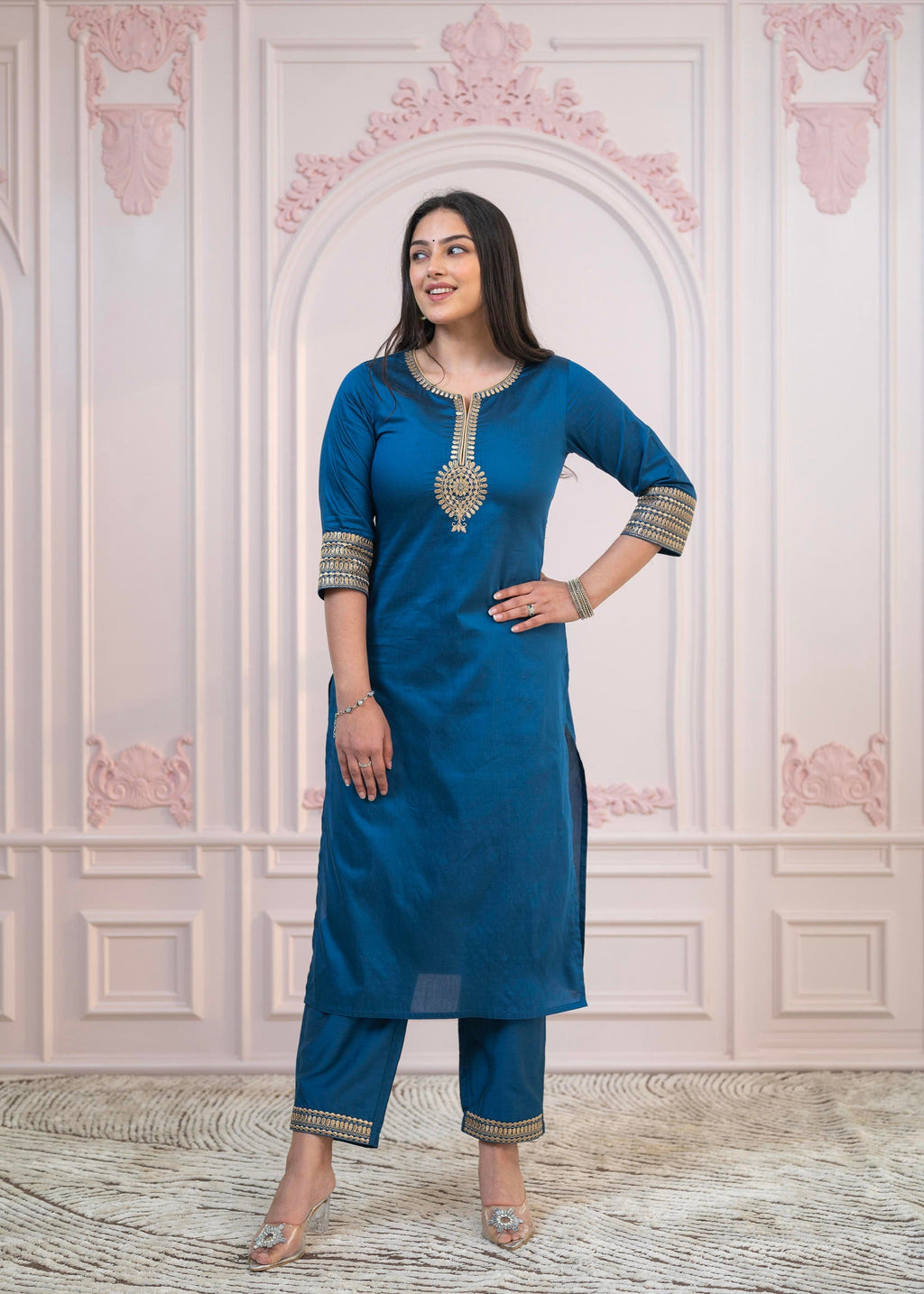 Juniper Royal Blue Embellished Kurta Set with Net Dupatta and Mirror Embroidery | Grocsy
