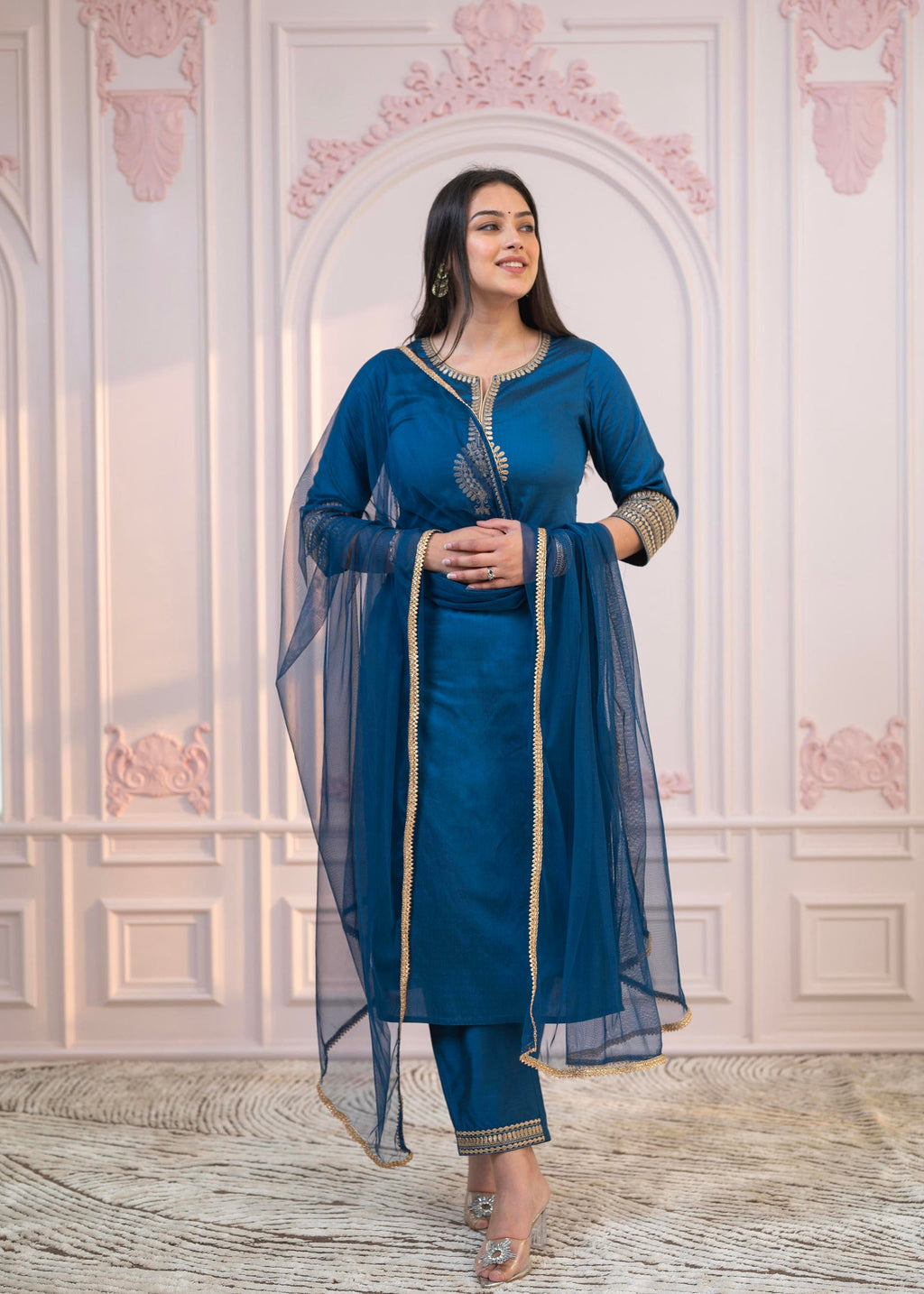 Juniper Royal Blue Embellished Kurta Set with Net Dupatta and Mirror Embroidery | Grocsy