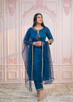 Juniper Royal Blue Embellished Kurta Set with Net Dupatta and Mirror Embroidery | Grocsy