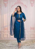 Juniper Royal Blue Embellished Kurta Set with Net Dupatta and Mirror Embroidery | Grocsy
