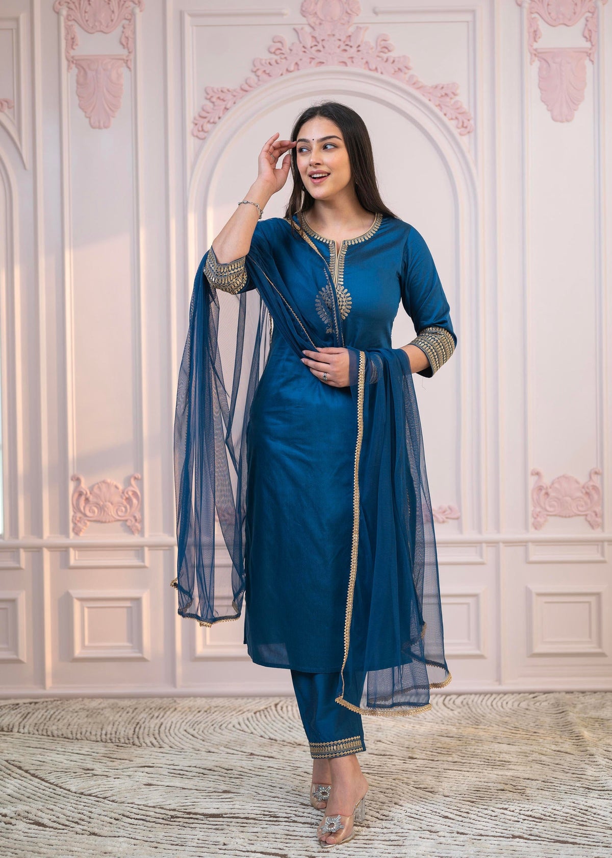 Juniper Royal Blue Embellished Kurta Set with Net Dupatta and Mirror Embroidery | Grocsy