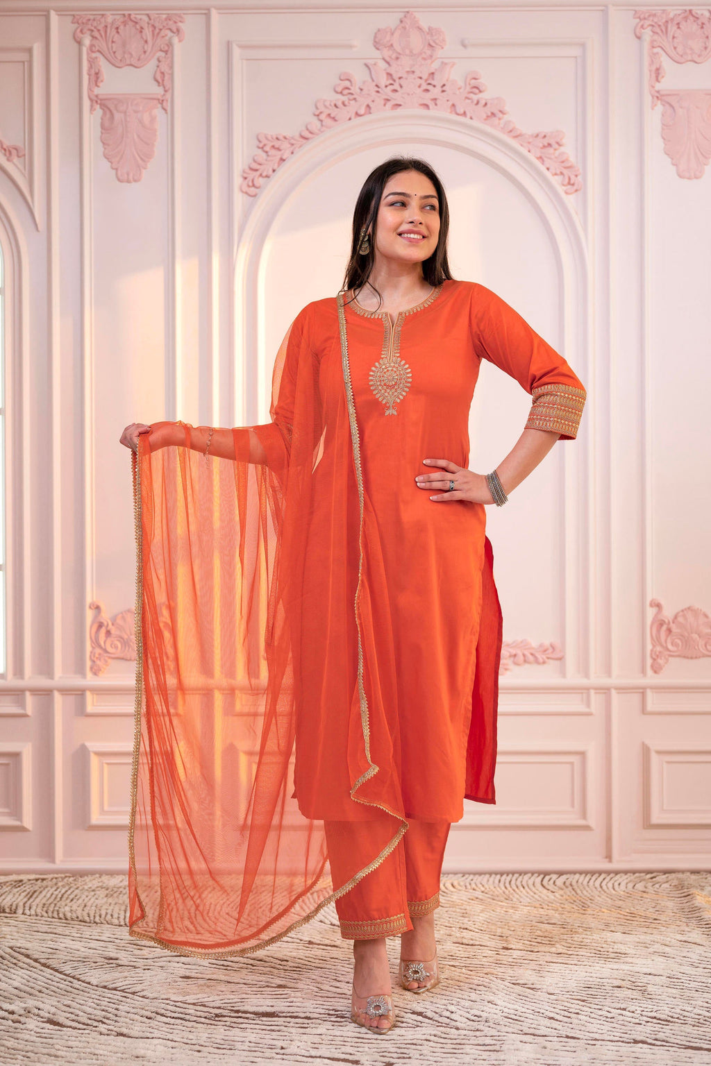 Juniper Orange Embellished Kurta Set with Net Dupatta and Mirror Embroidery | Grocsy