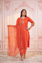 Juniper Orange Embellished Kurta Set with Net Dupatta and Mirror Embroidery | Grocsy