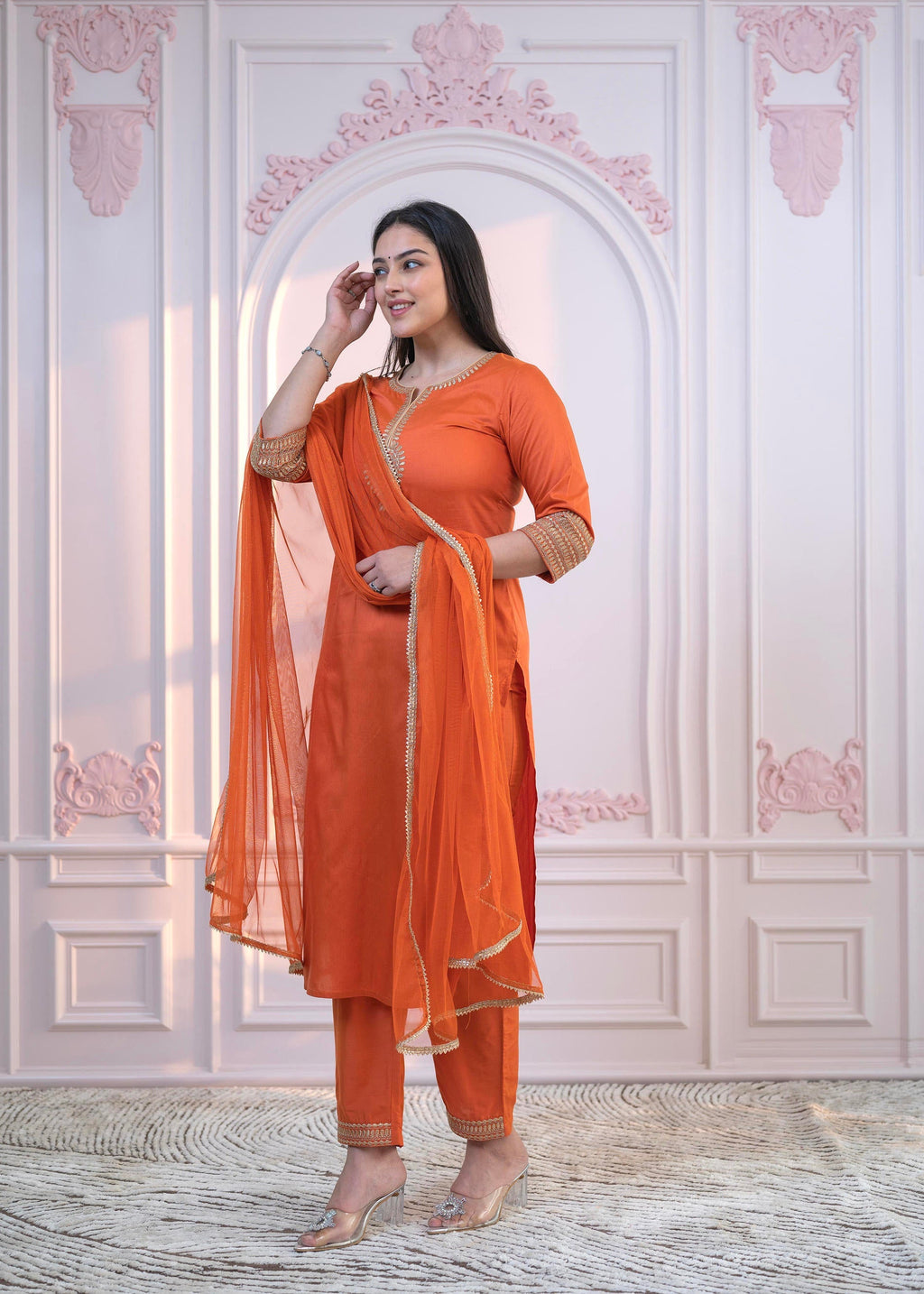 Juniper Orange Embellished Kurta Set with Net Dupatta and Mirror Embroidery | Grocsy