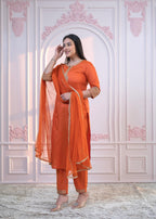 Juniper Orange Embellished Kurta Set with Net Dupatta and Mirror Embroidery | Grocsy