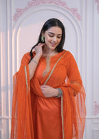 Juniper Orange Embellished Kurta Set with Net Dupatta and Mirror Embroidery | Grocsy