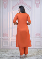 Juniper Orange Embellished Kurta Set with Net Dupatta and Mirror Embroidery | Grocsy