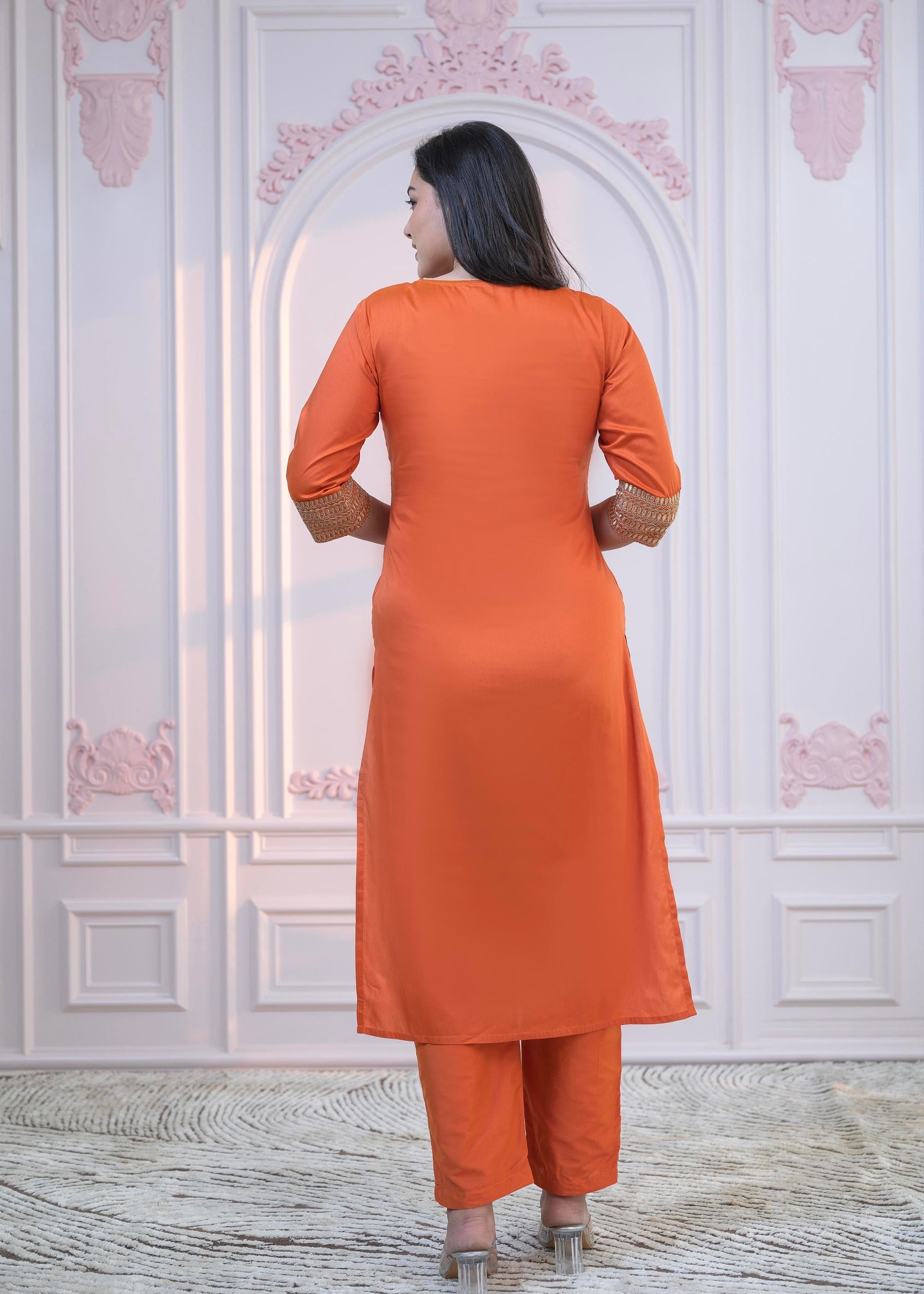 Juniper Orange Embellished Kurta Set with Net Dupatta and Mirror Embroidery | Grocsy