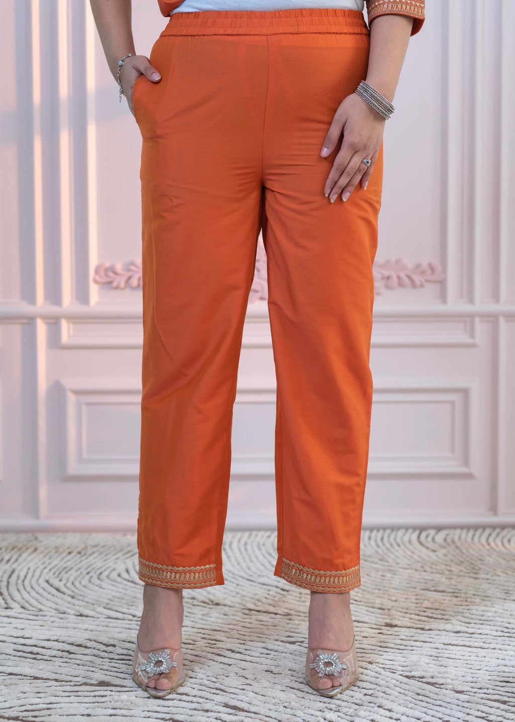 Juniper Orange Embellished Kurta Set with Net Dupatta and Mirror Embroidery | Grocsy